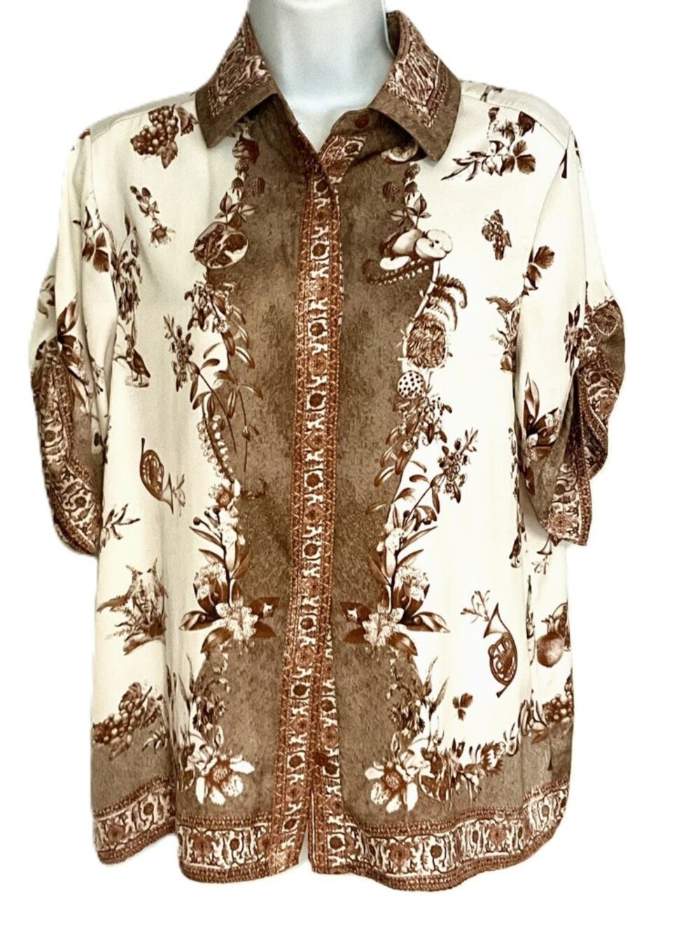 Rachel Zoe Women's Scarf Print Button-Down Blouse Brown Ivory Size S